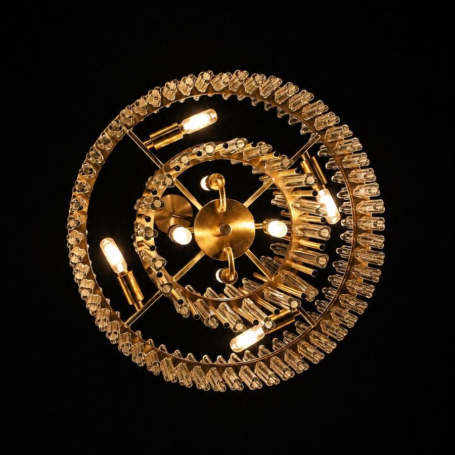 Brass and crystal chandelier detail at Archive Sacramento